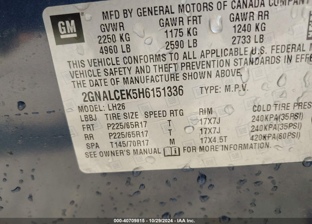 2017 CHEVROLET EQUINOX LT VIN: 2GNALCEK5H6151336