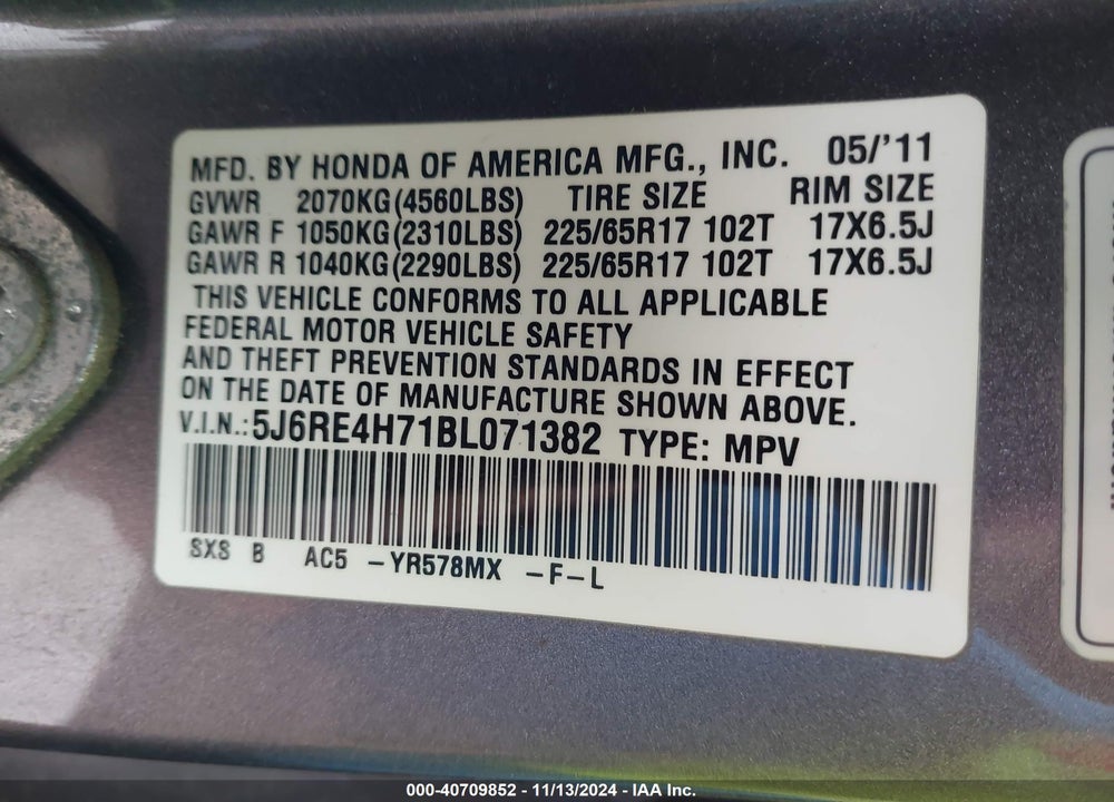 2011 HONDA CR-V EX-L VIN: 5J6RE4H71BL071382