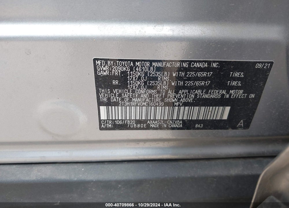 2021 TOYOTA RAV4 LE VIN: 2T3H1RFV0MC160499