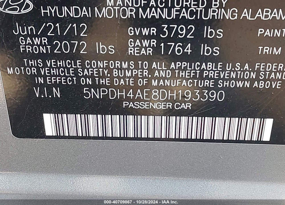 2013 HYUNDAI ELANTRA GLS VIN: 5NPDH4AE8DH193390