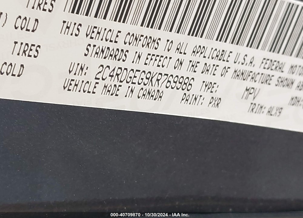 2019 DODGE GRAND CARAVAN GT VIN: 2C4RDGEG9KR769986