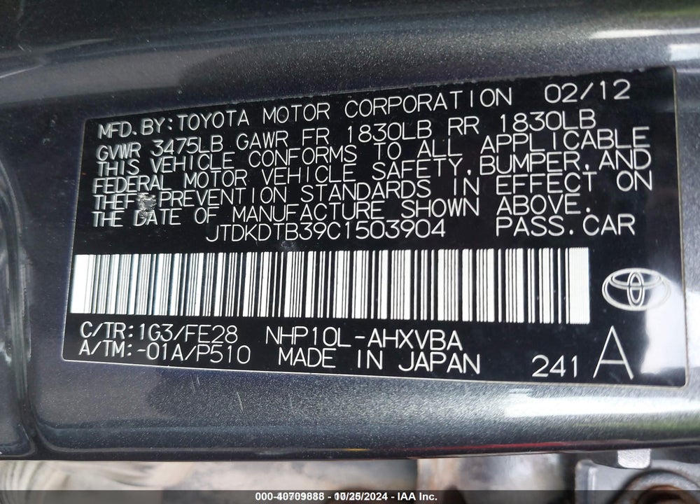 2012 TOYOTA PRIUS C ONE VIN: JTDKDTB39C1503904