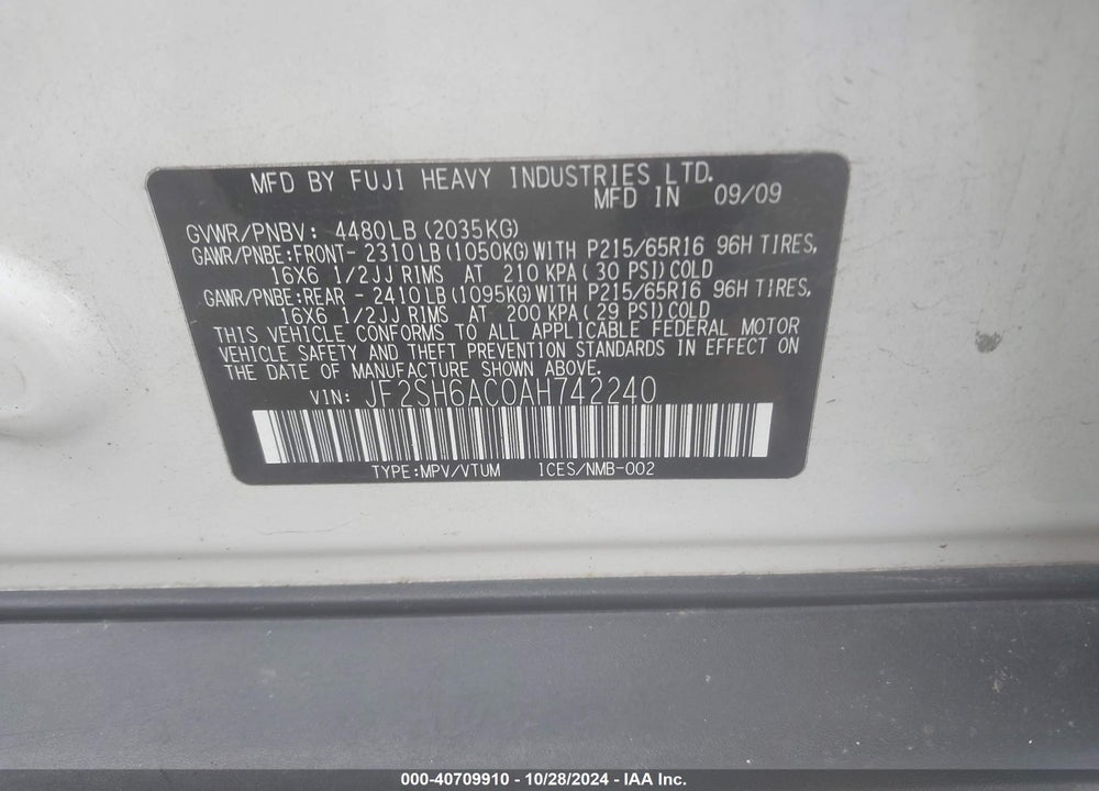 2010 SUBARU FORESTER 2.5X VIN: JF2SH6AC0AH742240