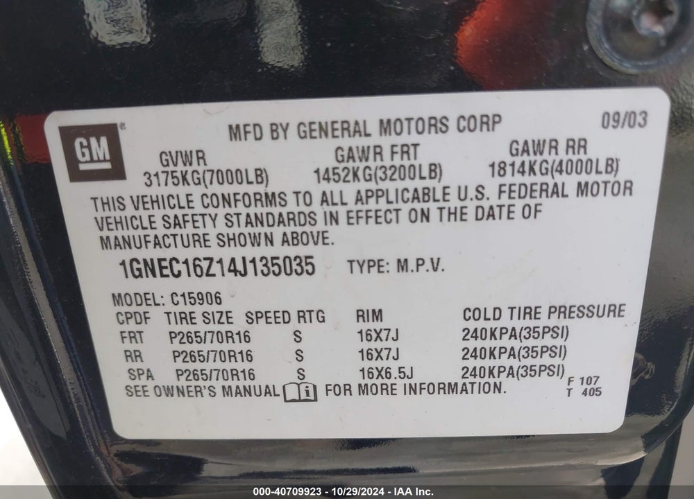 2004 CHEVROLET SUBURBAN 1500 LS VIN: 1GNEC16Z14J135035