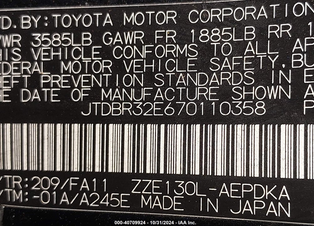2007 TOYOTA COROLLA CE VIN: JTDBR32E670110358