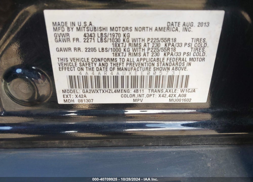 2014 MITSUBISHI OUTLANDER SPORT VIN: 4A4AR4AUXEE005731