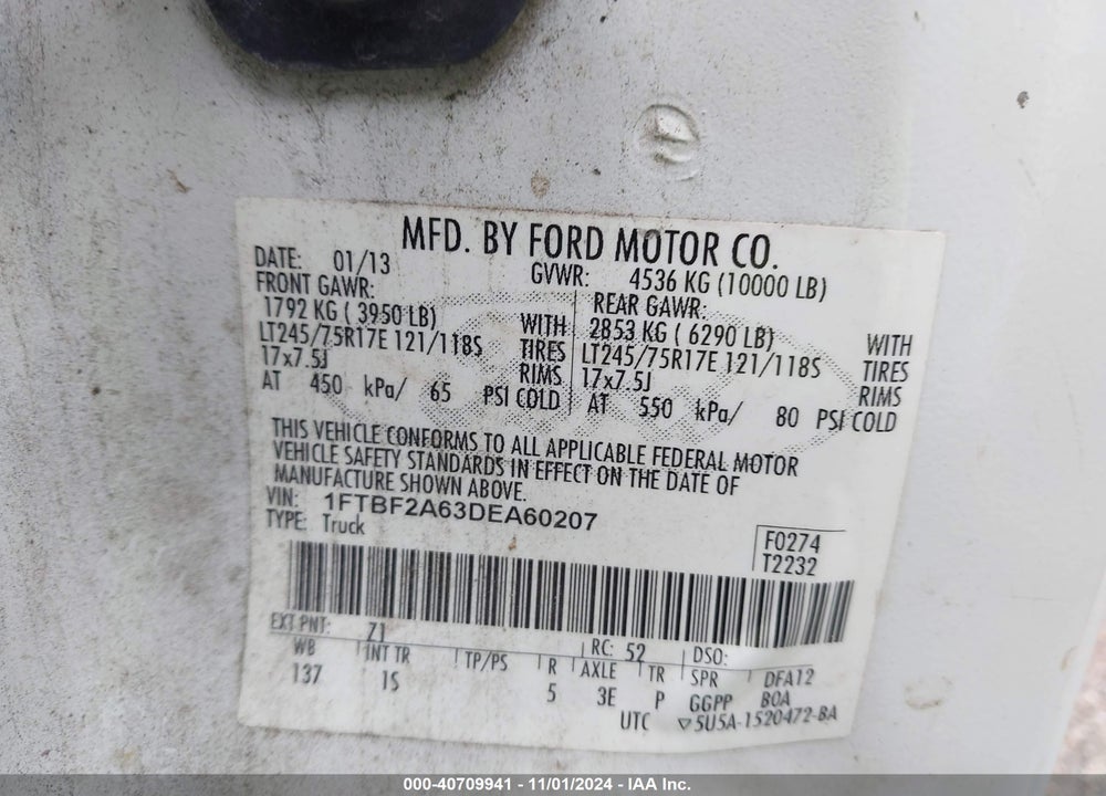 2013 FORD F-250 XL VIN: 1FTBF2A63DEA60207