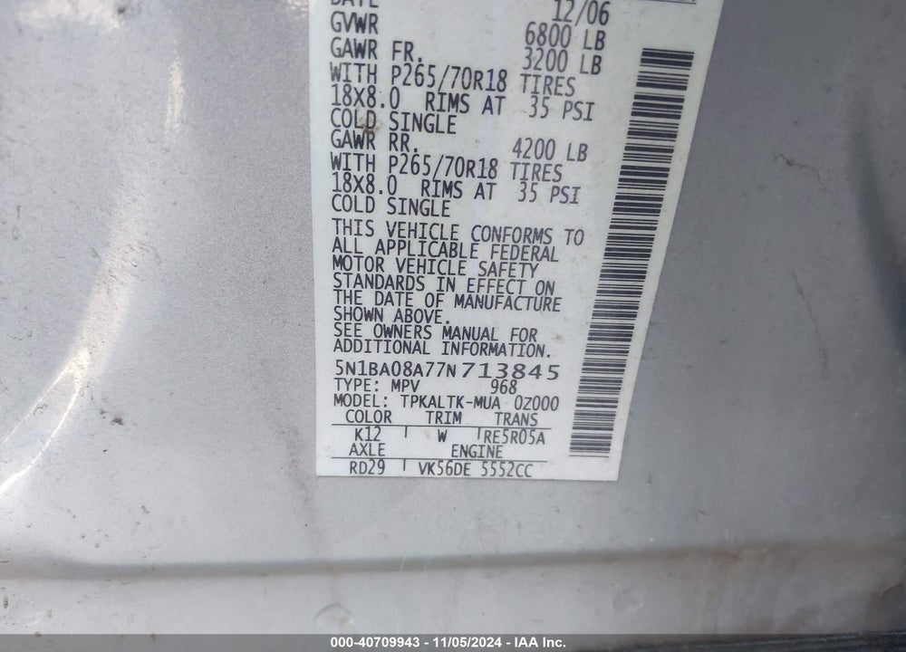 2007 NISSAN ARMADA SE VIN: 5N1BA08A77N713845