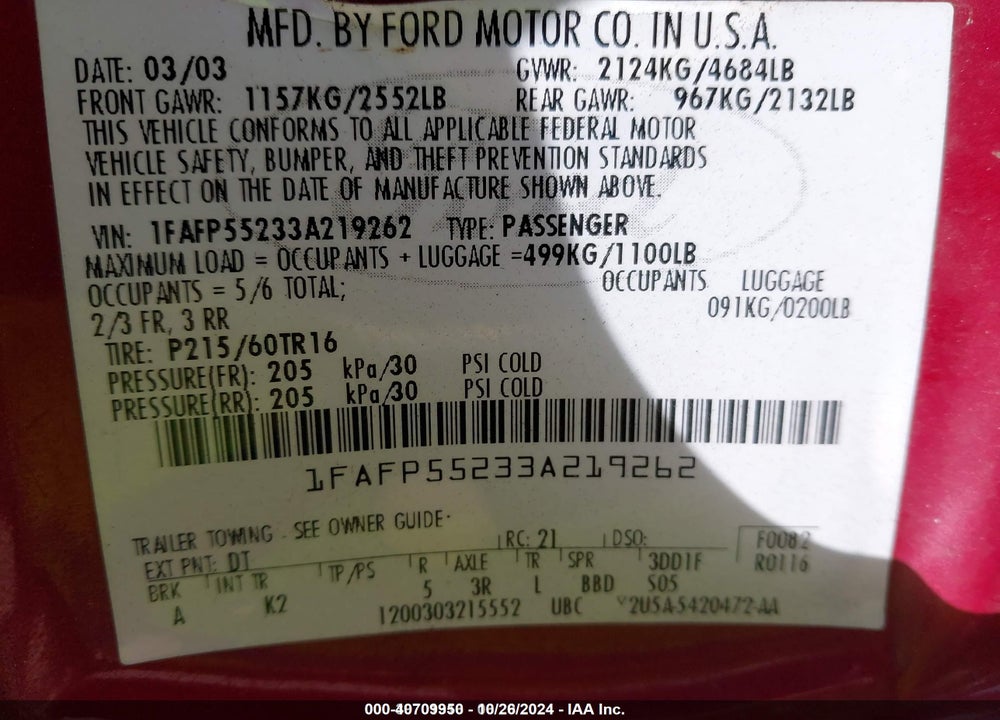 2003 FORD TAURUS SES VIN: 1FAFP55233A219262