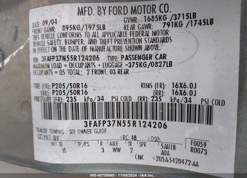 2005 FORD FOCUS ZX5 VIN: 3FAFP37N55R124206
