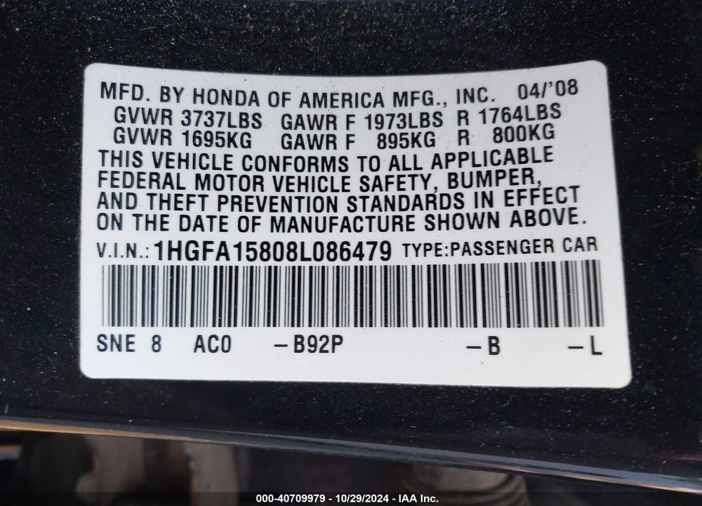2008 HONDA CIVIC EX VIN: 1HGFA15808L086479