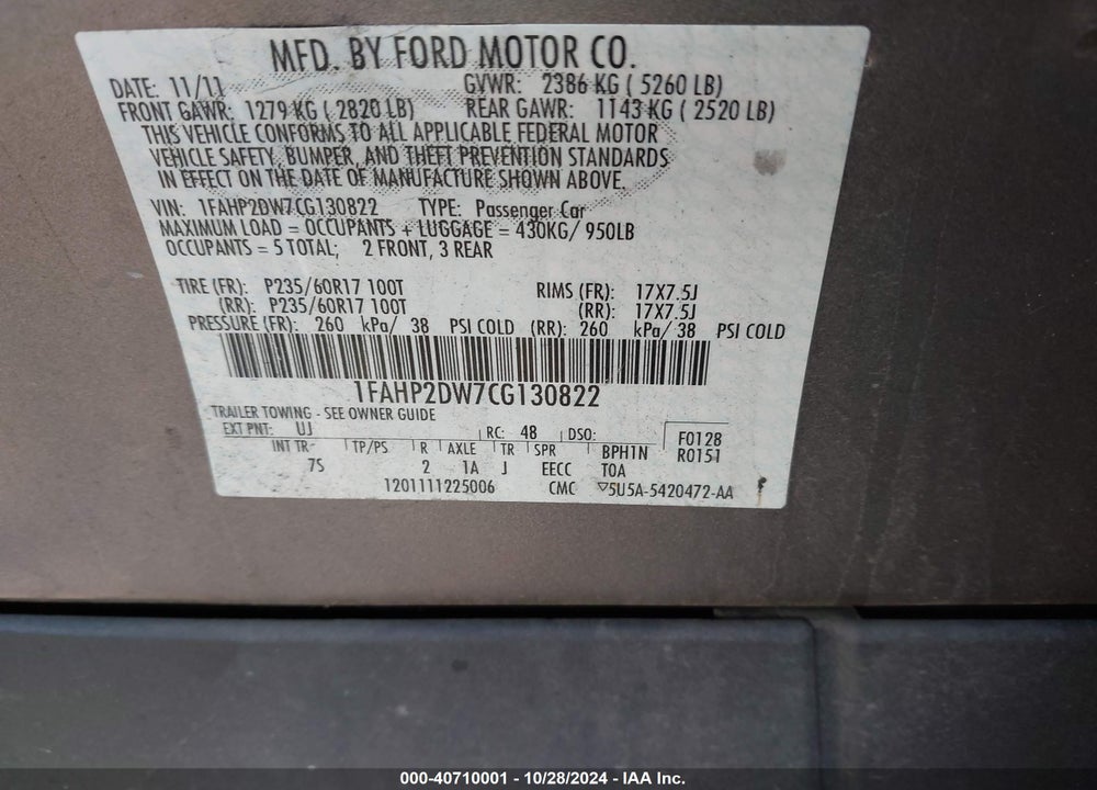 2012 FORD TAURUS SE VIN: 1FAHP2DW7CG130822