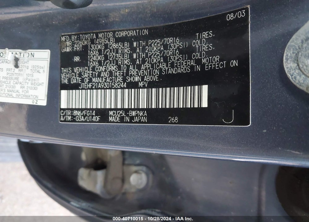 2003 TOYOTA HIGHLANDER V6 VIN: JTEHF21A930158244