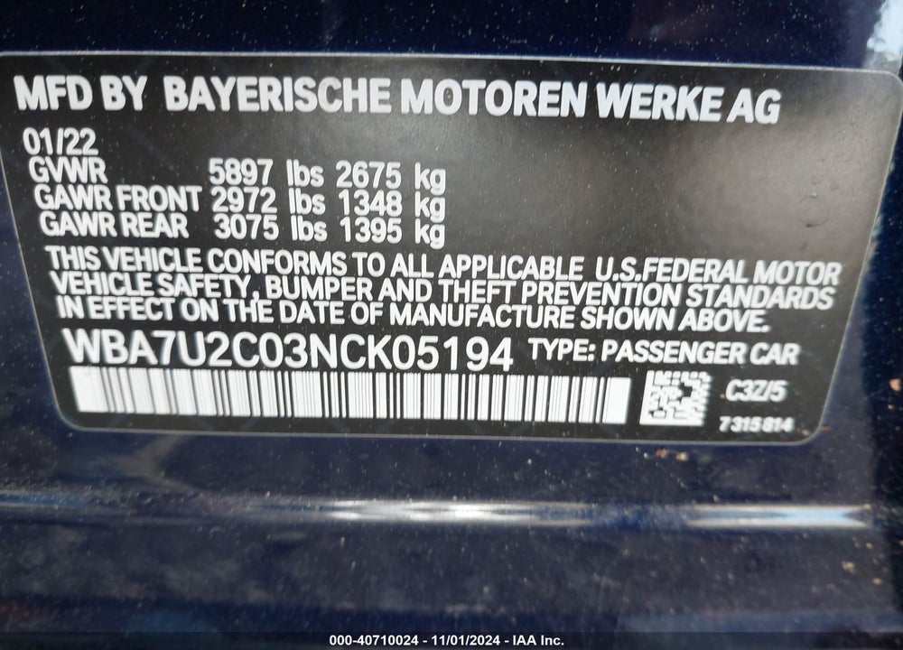 2022 BMW 750 I XDRIVE VIN: WBA7U2C03NCK05194