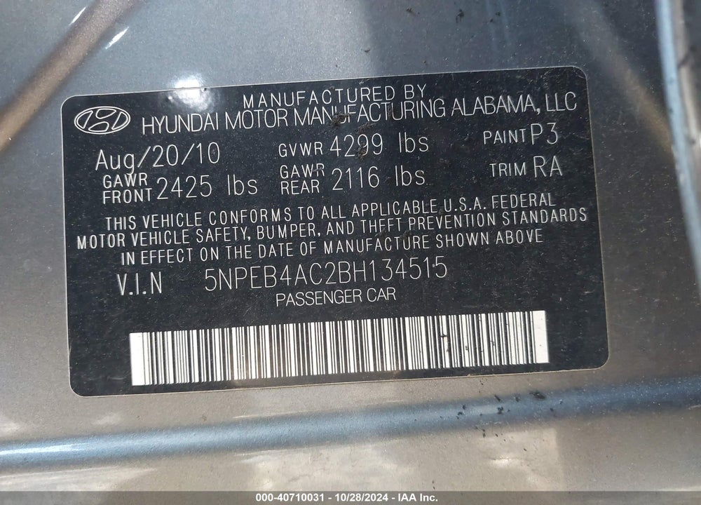 2011 HYUNDAI SONATA GLS VIN: 5NPEB4AC2BH134515