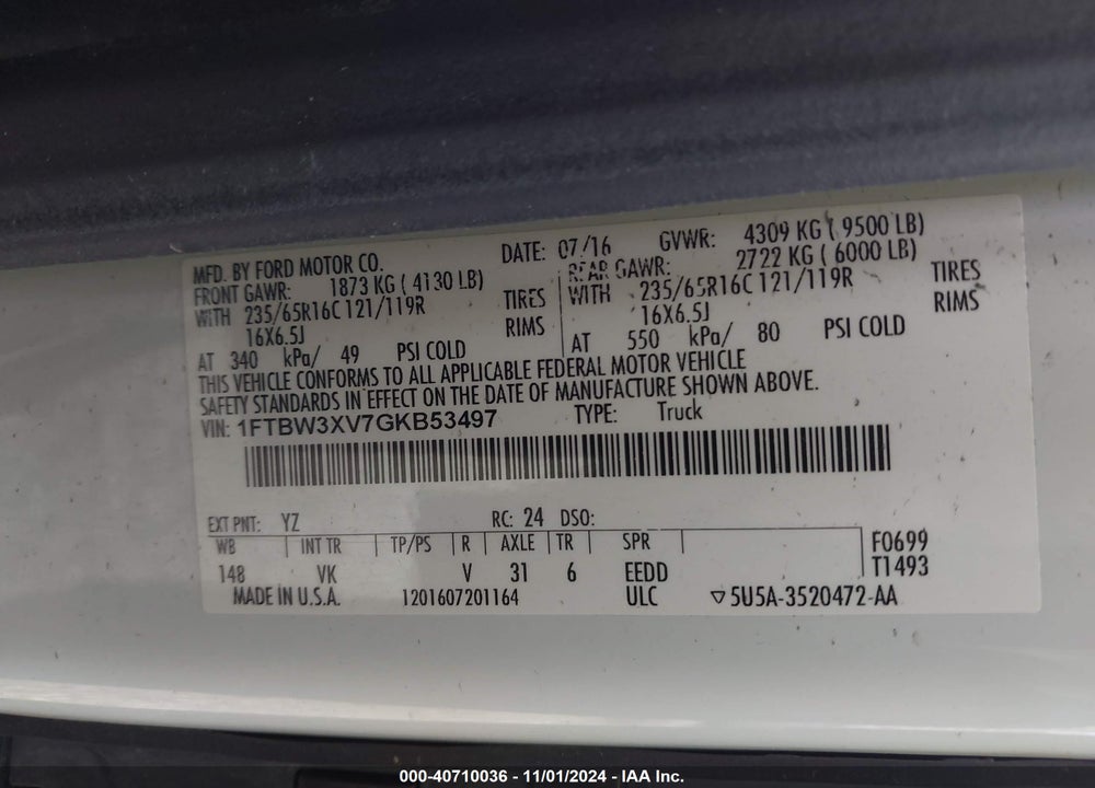 2016 FORD TRANSIT-350 VIN: 1FTBW3XV7GKB53497
