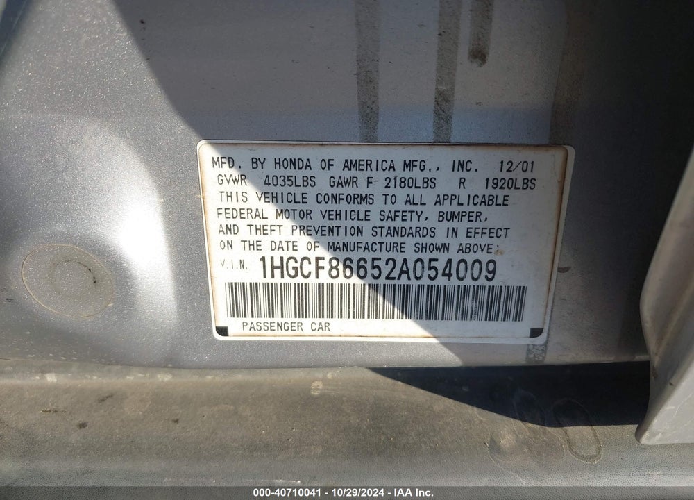 2002 HONDA ACCORD 2.3 VP VIN: 1HGCF86652A054009