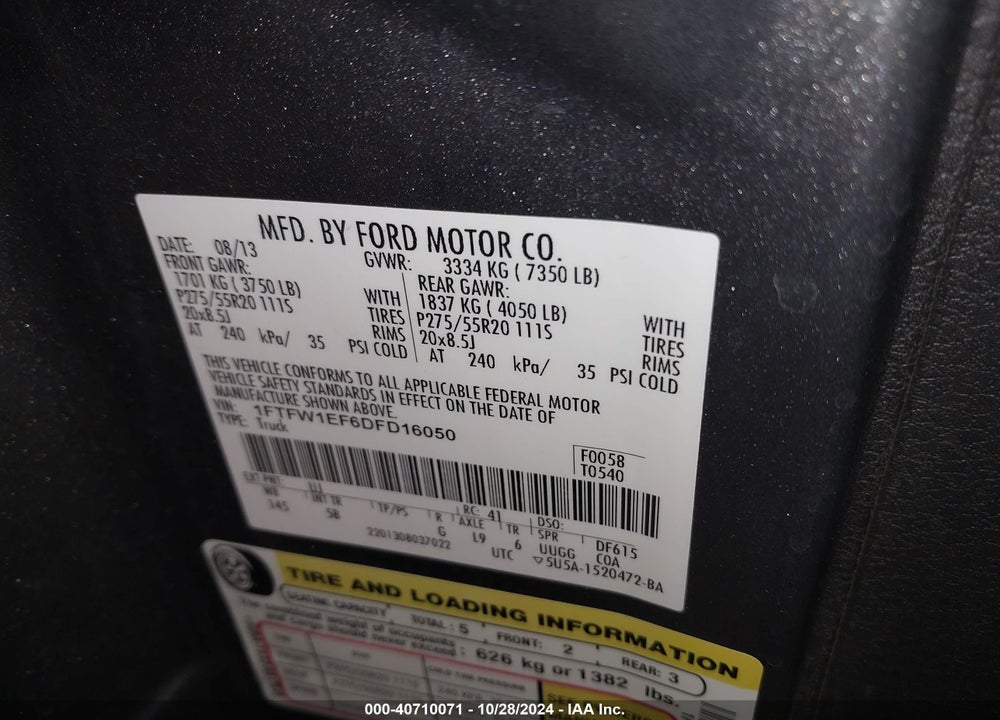 2013 FORD F-150 VIN: 1FTFW1EF6DFD16050