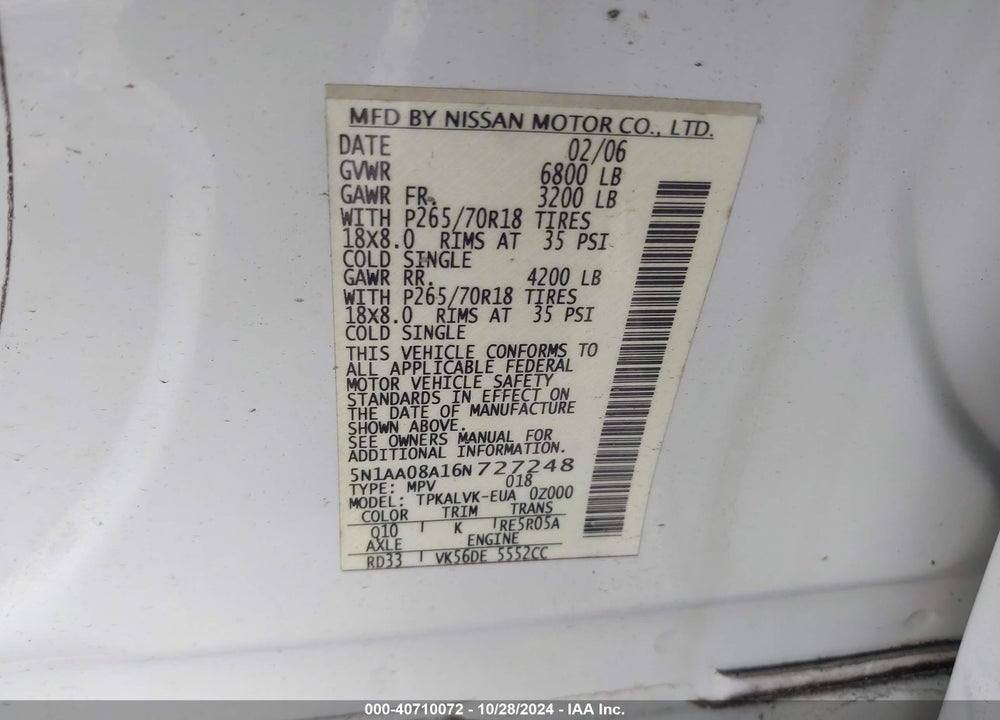 2006 NISSAN ARMADA LE VIN: 5N1AA08A16N727248