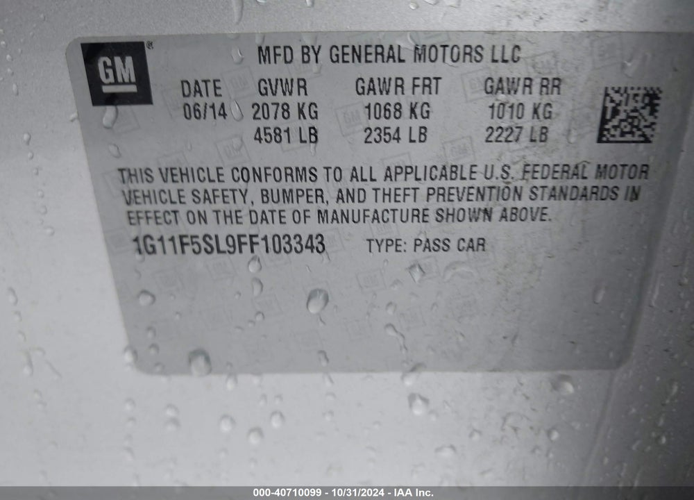 2015 CHEVROLET MALIBU 1LZ VIN: 1G11F5SL9FF103343