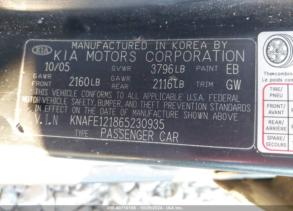 2006 KIA SPECTRA EX/LX/SX VIN: KNAFE121865230935
