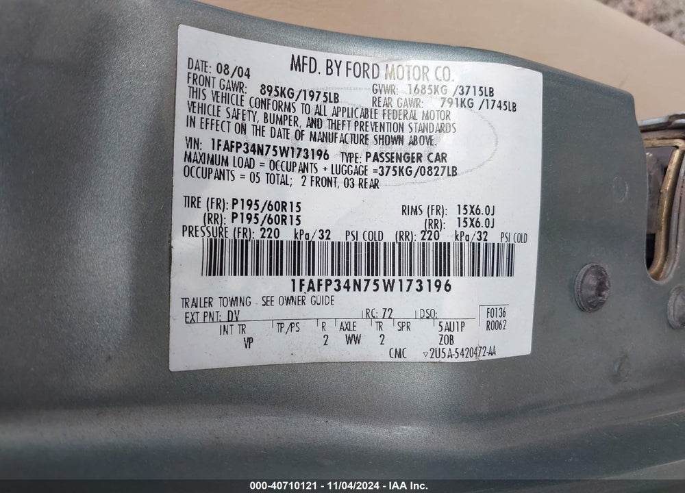 2005 FORD FOCUS ZX4 VIN: 1FAFP34N75W173196