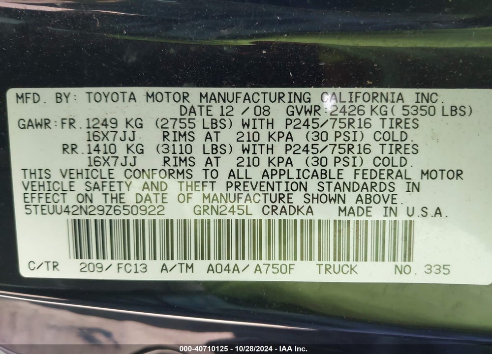 2009 TOYOTA TACOMA BASE V6 VIN: 5TEUU42N29Z650922