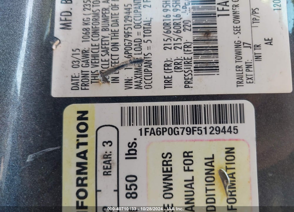 2015 FORD FUSION S VIN: 1FA6P0G79F5129445