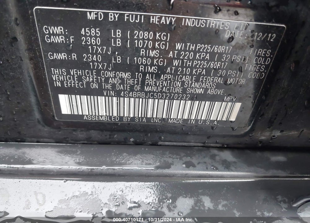 2013 SUBARU OUTBACK 2.5I LIMITED VIN: 4S4BRBJC5D3270232