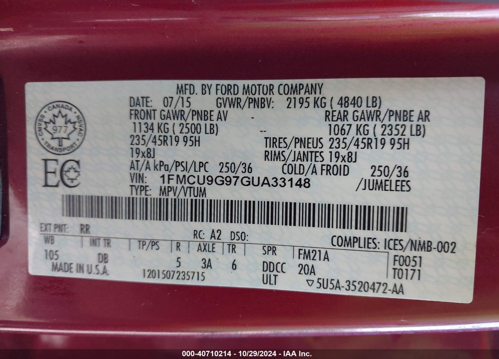 2016 FORD ESCAPE SE VIN: 1FMCU9G97GUA33148