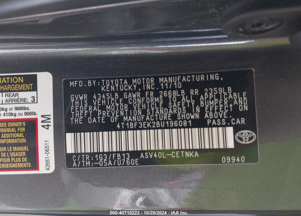 2011 TOYOTA CAMRY LE VIN: 4T1BF3EK2BU196081