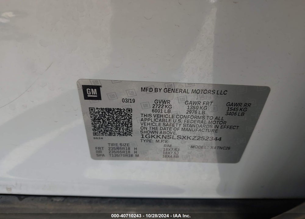 2019 GMC ACADIA SLE-2 VIN: 1GKKNSLSXKZ252344