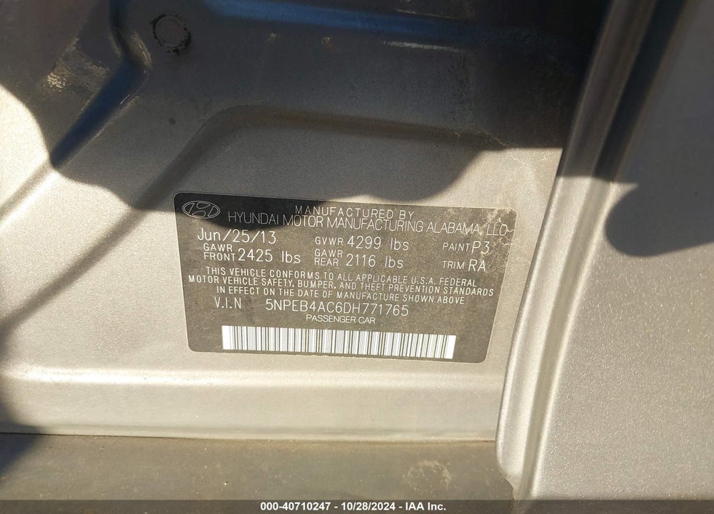 2013 HYUNDAI SONATA GLS VIN: 5NPEB4AC6DH771765