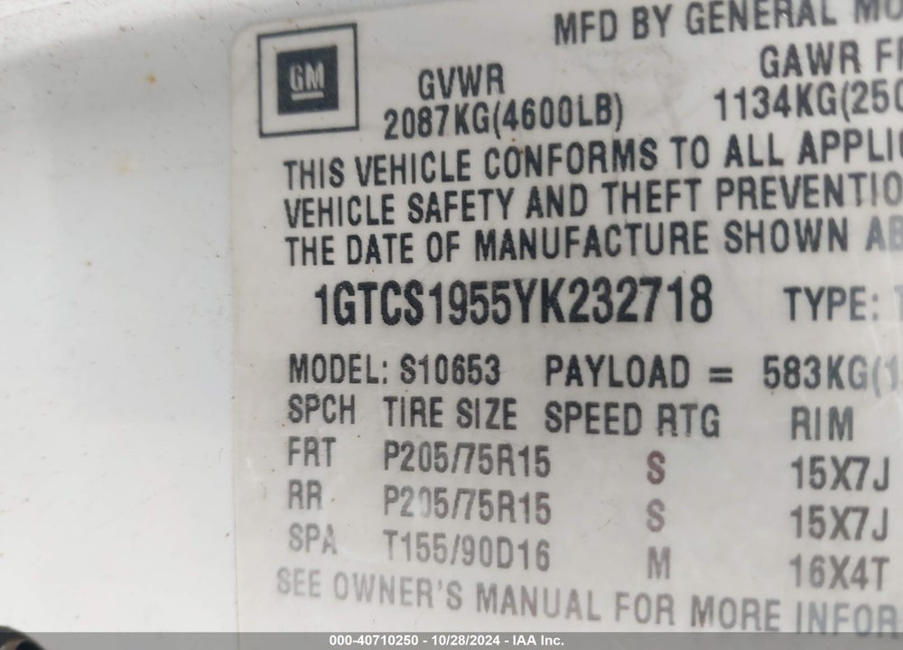 2000 GMC SONOMA SLS VIN: 1GTCS1955YK232718