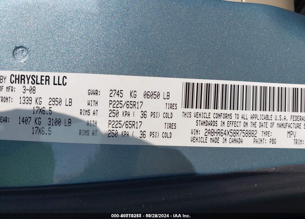 2008 CHRYSLER TOWN & COUNTRY LIMITED VIN: 2A8HR64X58R758882