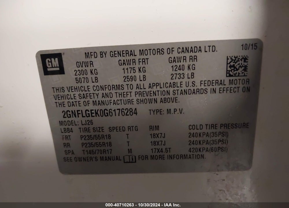 2016 CHEVROLET EQUINOX LTZ VIN: 2GNFLGEK0G6176284