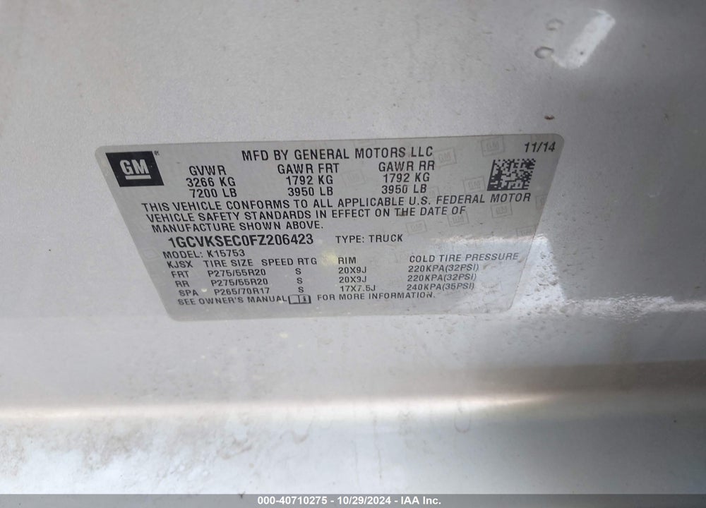 2015 CHEVROLET SILVERADO 1500 1LZ VIN: 1GCVKSEC0FZ206423