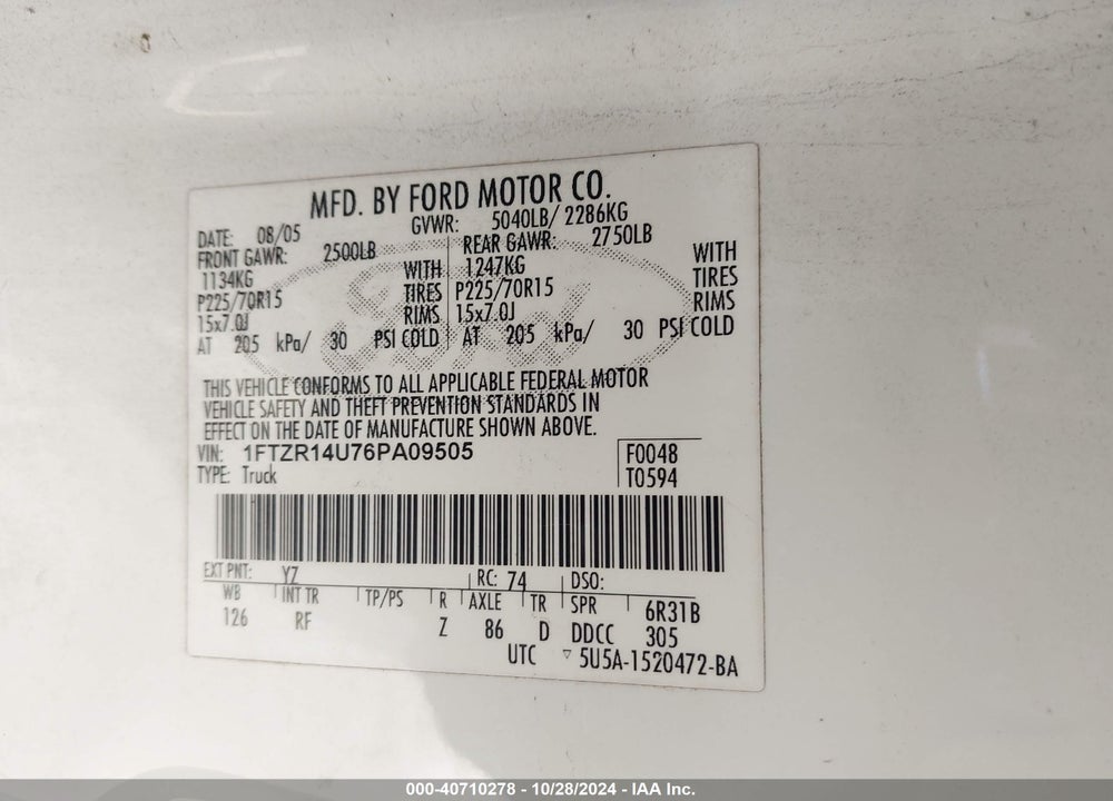 2006 FORD RANGER SPORT/STX/XL/XLT VIN: 1FTZR14U76PA09505