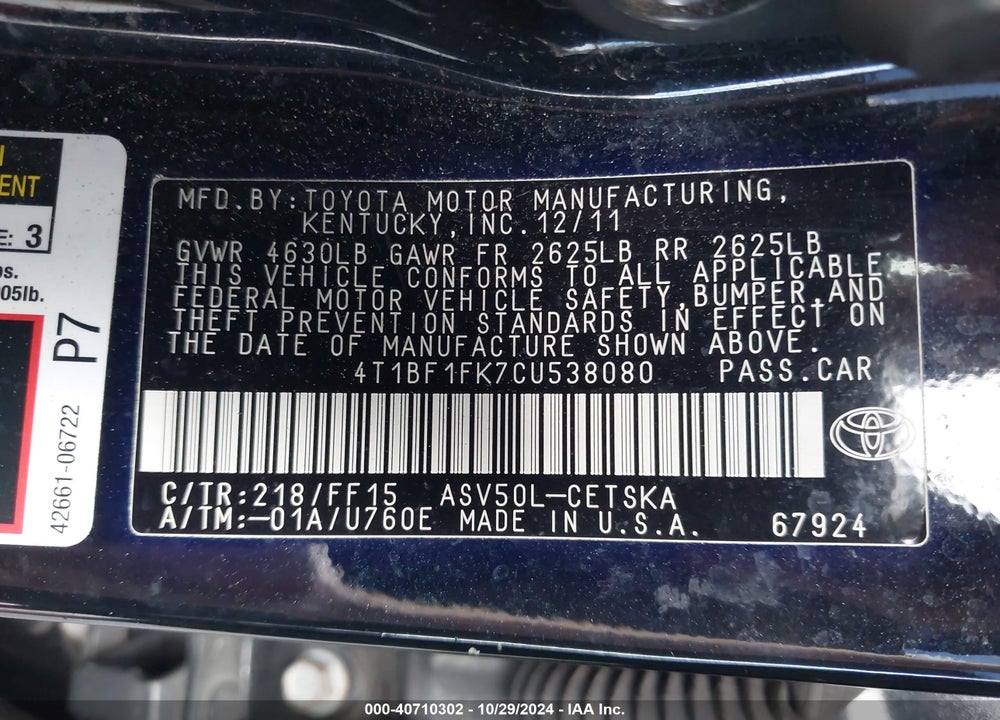 2012 TOYOTA CAMRY SE VIN: 4T1BF1FK7CU538080