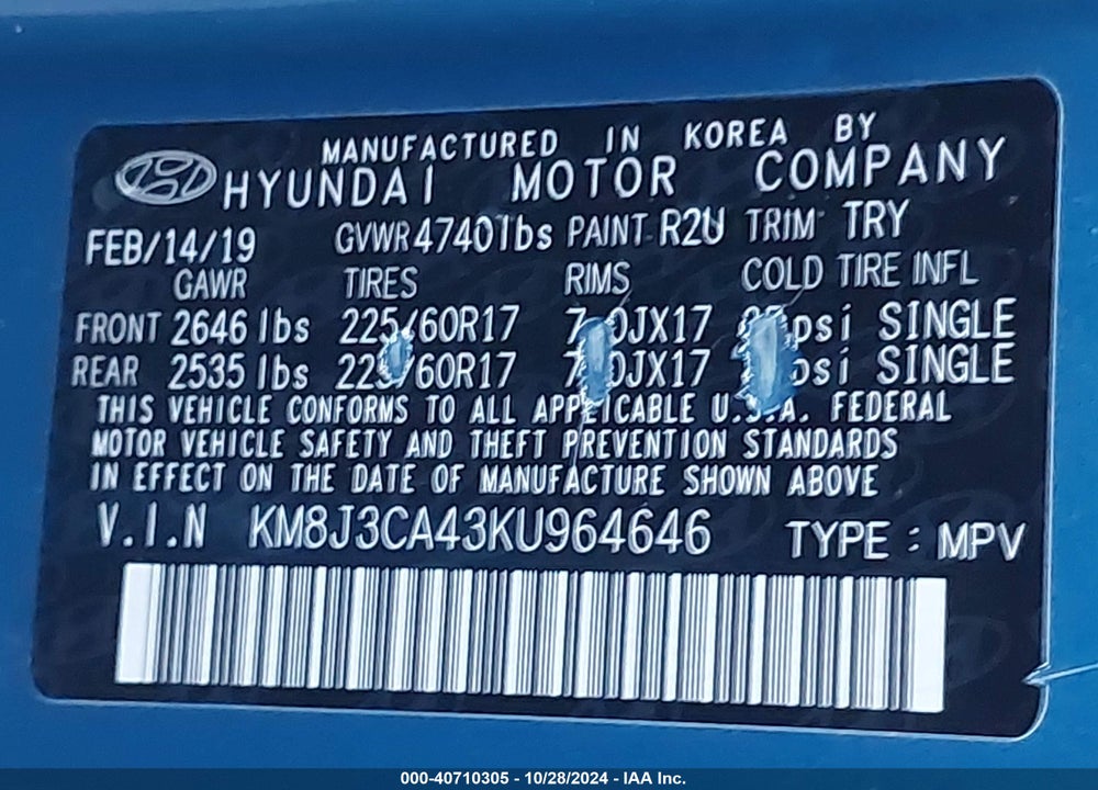 2019 HYUNDAI TUCSON VALUE VIN: KM8J3CA43KU964646