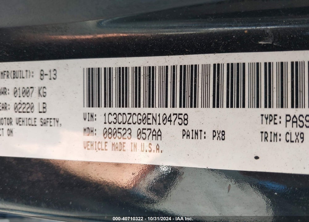 2014 DODGE AVENGER SXT VIN: 1C3CDZCG0EN104758