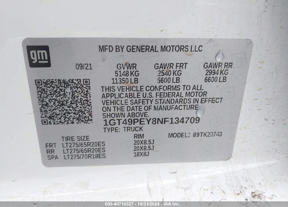 2022 GMC SIERRA 2500HD 4WD STANDARD BED AT4 VIN: 1GT49PEY8NF134709