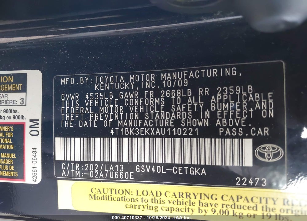 2010 TOYOTA CAMRY XLE V6 VIN: 4T1BK3EKXAU110221