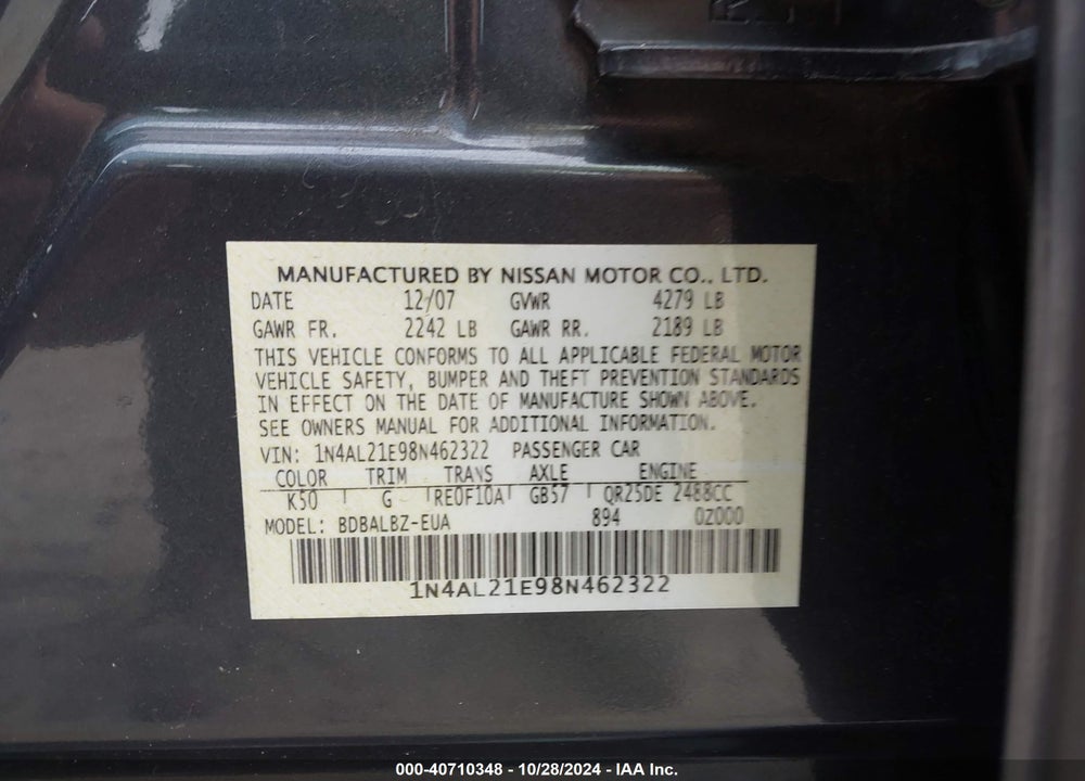2008 NISSAN ALTIMA 2.5 S VIN: 1N4AL21E98N462322