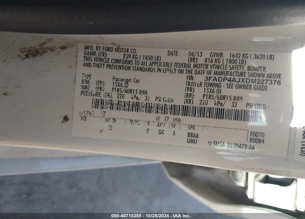 2013 FORD FIESTA S VIN: 3FADP4AJXDM227376