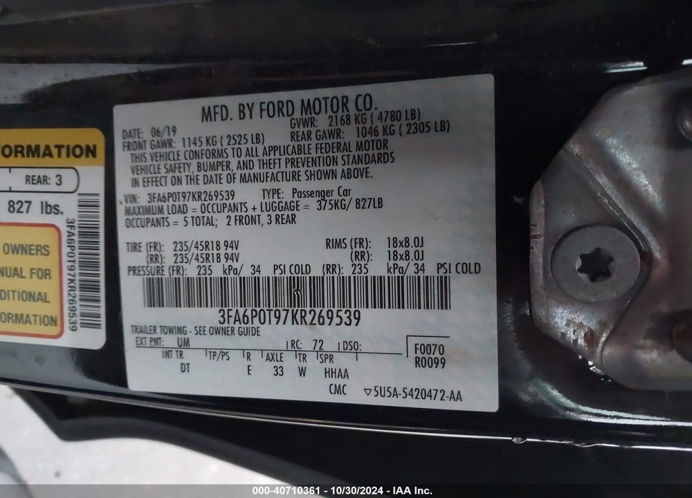 2019 FORD FUSION SE VIN: 3FA6P0T97KR269539