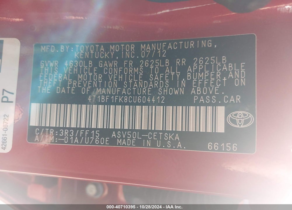 2012 TOYOTA CAMRY SE VIN: 4T1BF1FK8CU604412