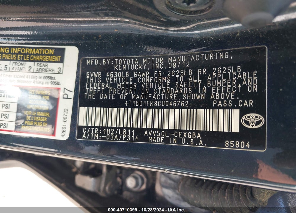 2012 TOYOTA CAMRY HYBRID XLE VIN: 4T1BD1FK8CU046762
