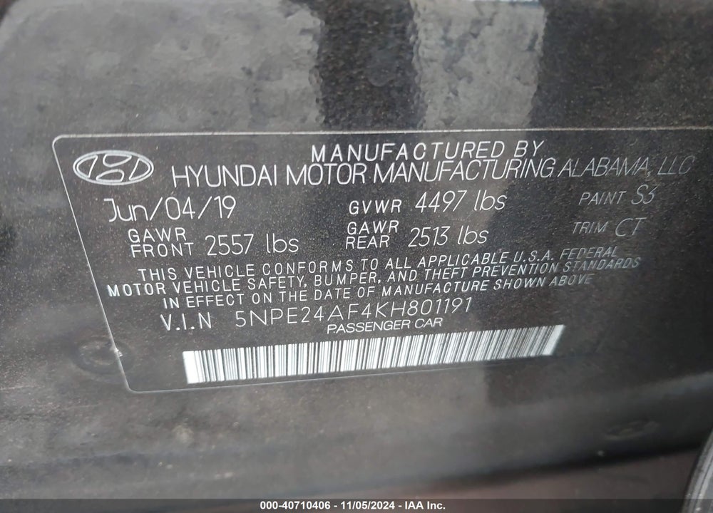 2019 HYUNDAI SONATA SE VIN: 5NPE24AF4KH801191