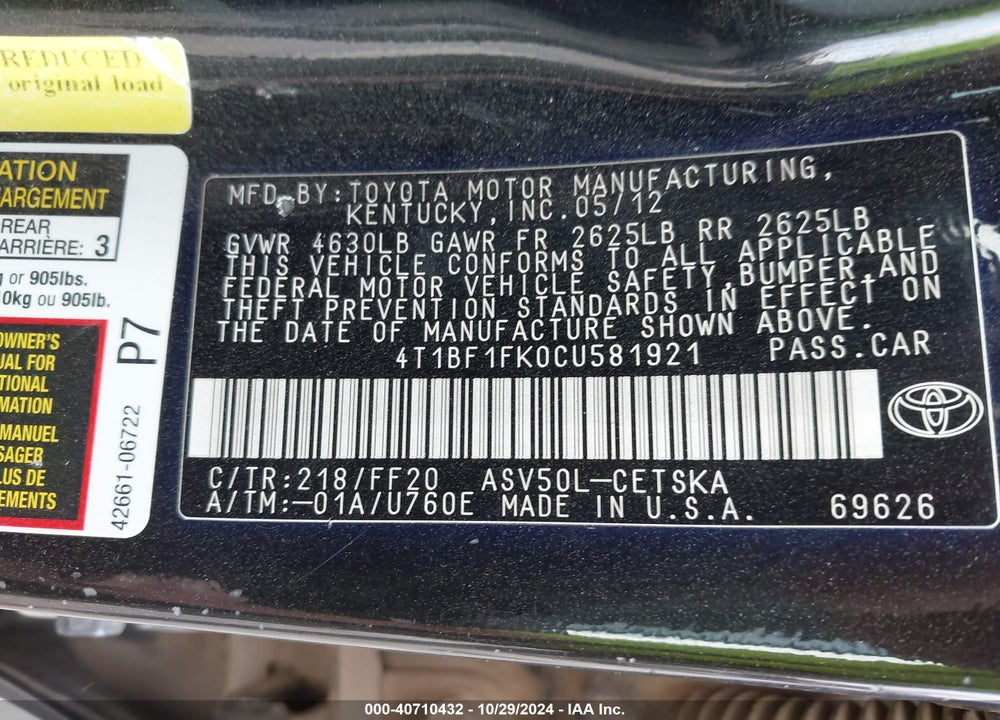 2012 TOYOTA CAMRY VIN: 4T1BF1FK0CU581921